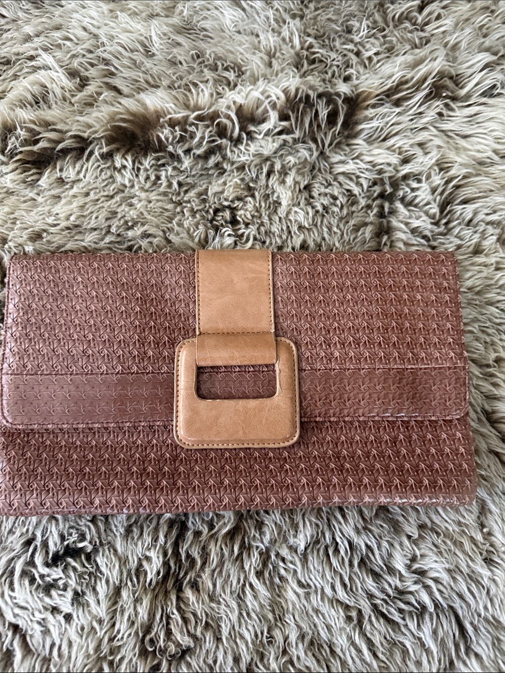Woven Leather Envelope Clutch in Brown with Tan Accent